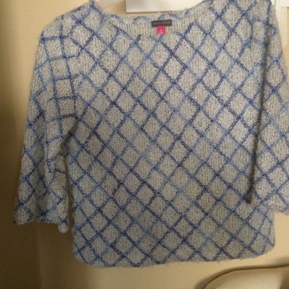 Vince Camuto Sweater SzM Pullover White/Blue Geometric 3/4Sleeves Pre-Owned Cute - Picture 8 of 8